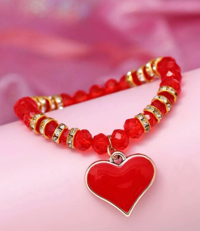 Rhinestone Heart Charm Beaded Bracelet