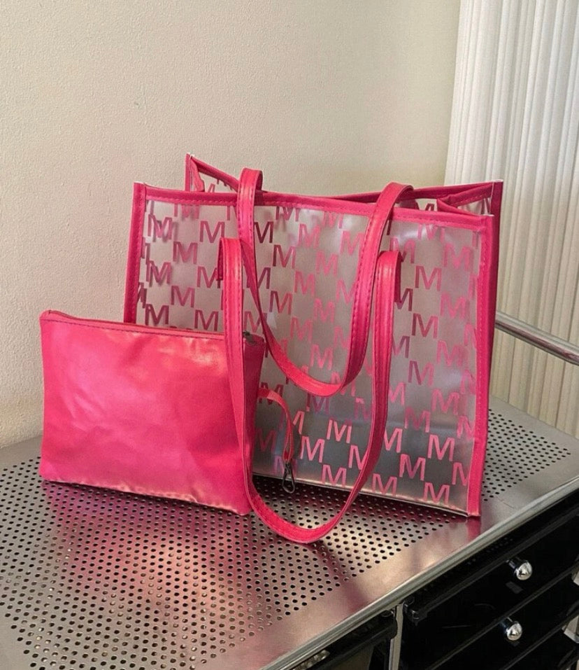 Neon Pink Letter Print Clear Shoulder ToteBag